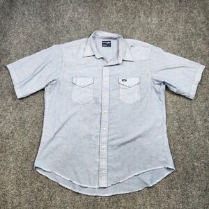 Wrangler Western Shirt Mens XL Blue Chambray Pearl Snap Short Sleeve Cowboy